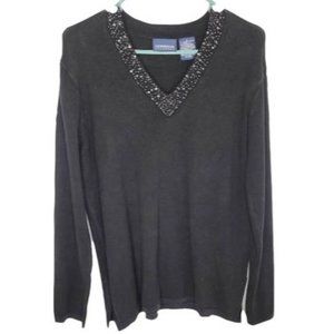 Liz Claiborne Womens Size L Black‎ Long Sleeve V Neck Beaded Sequin Sweater